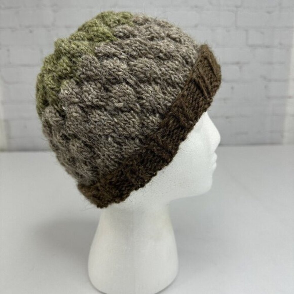 Handmade Wool Chunky‎ Knit Beanie Hat Earthy Green Brown Wool Blend Winter NEW